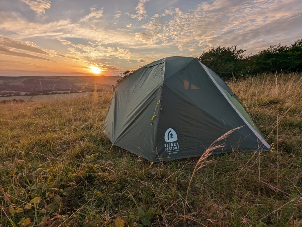 Wild camping equipment - Sierra Designs Meteor 3000 set up for a night of wild camping beneath the stars.