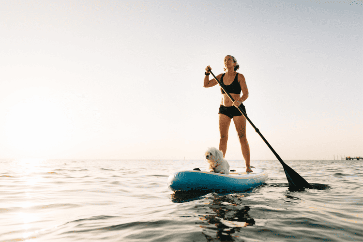 Woman paddleboarding with her small white dog.