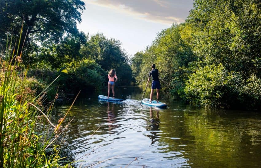 Exploring a river by paddle board