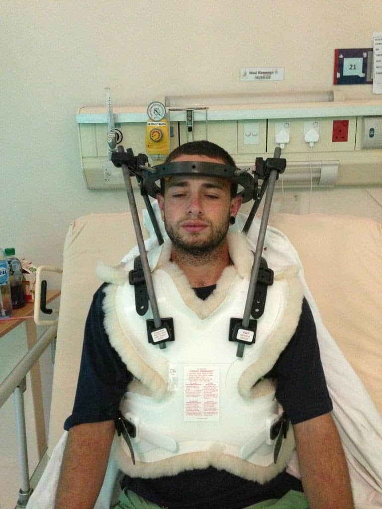 In a Malaysian hospital not long after having a halo fitted for my broken neck.