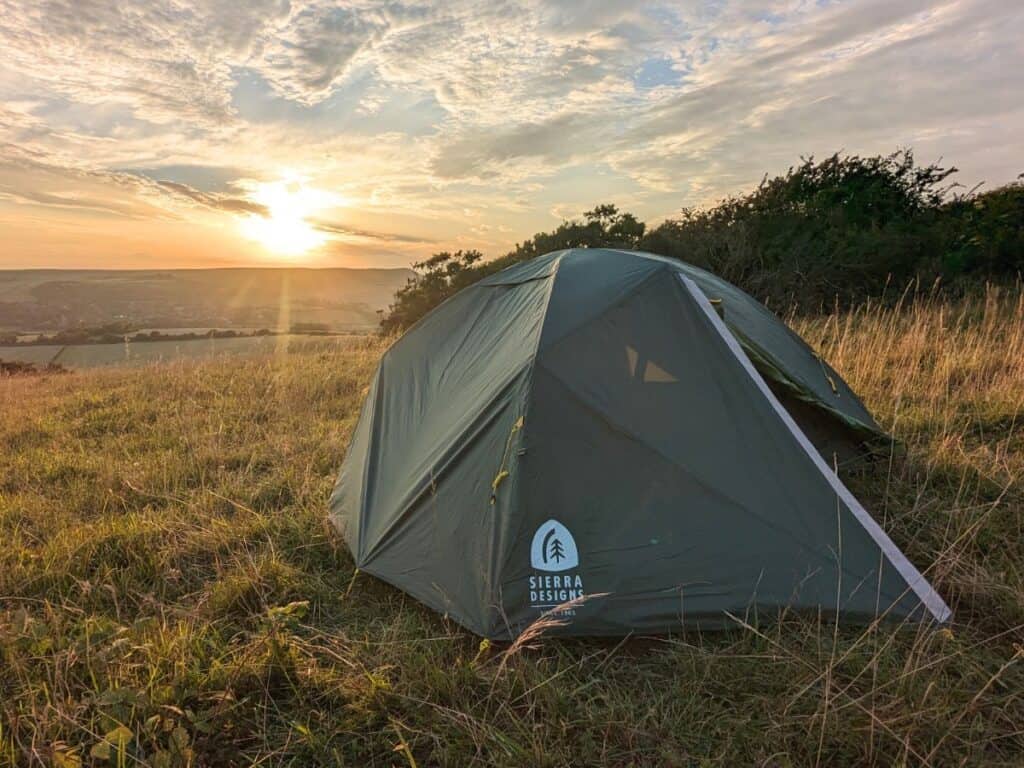 Sierra Designs Meteor 3000 pitched on the South Downs